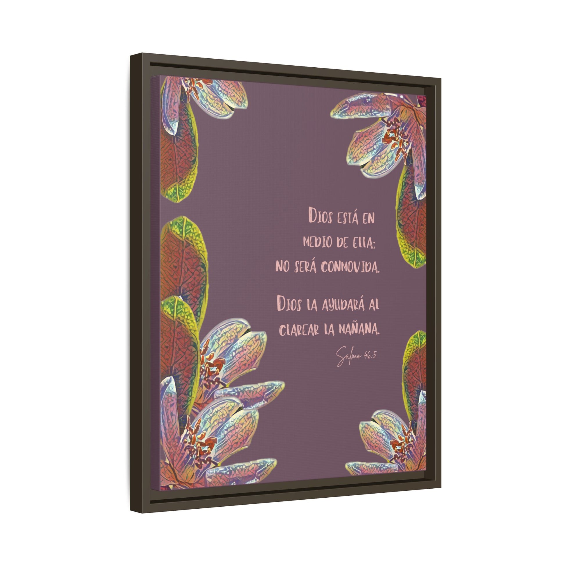 Framed Christian wall art with Spanish Bible verse, colorful floral design on purple background