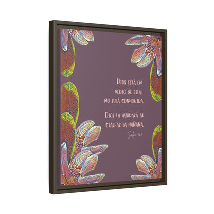 Framed Christian wall art with Spanish Bible verse, colorful floral design on purple background