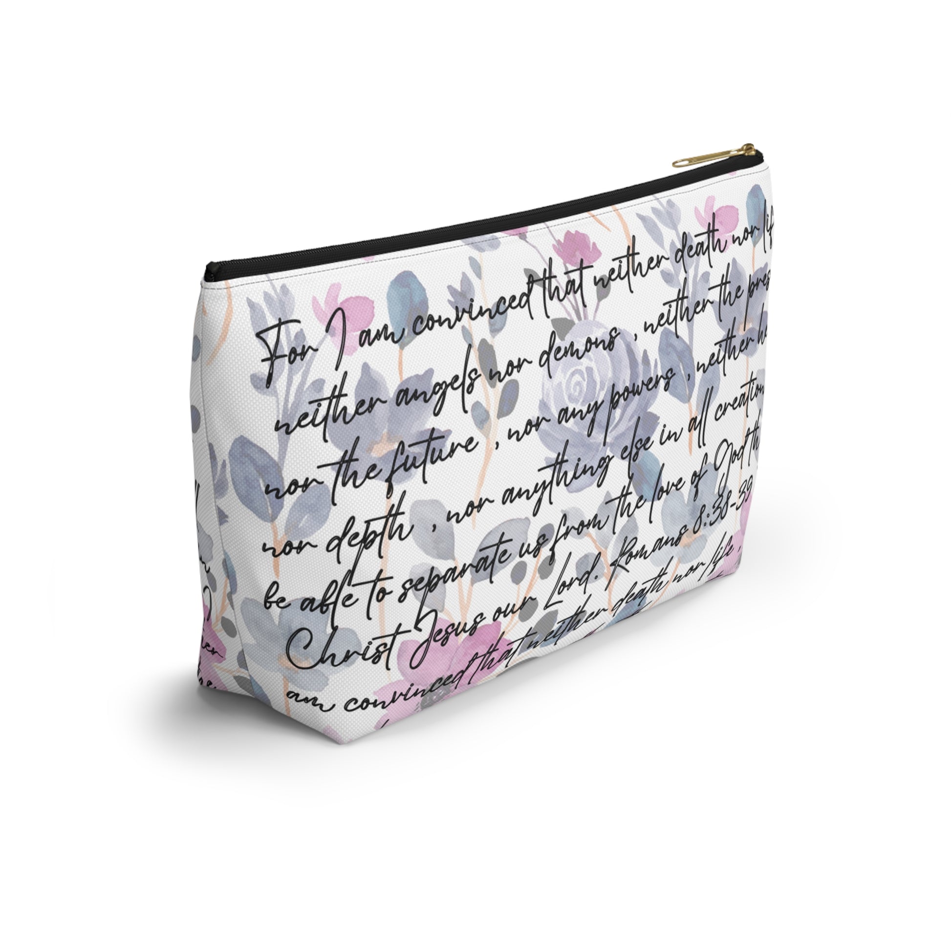 Floral Christian makeup bag with handwritten Scripture verse and zipper closure