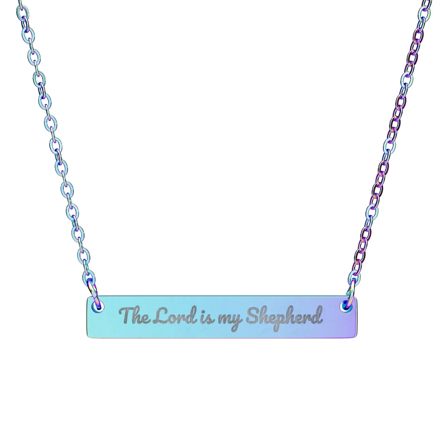 Iridescent Christian bar necklace engraved with The Lord is my Shepherd on white background