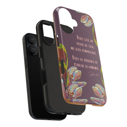 Christian phone case with floral design and Psalm 46:5 Scripture in Spanish