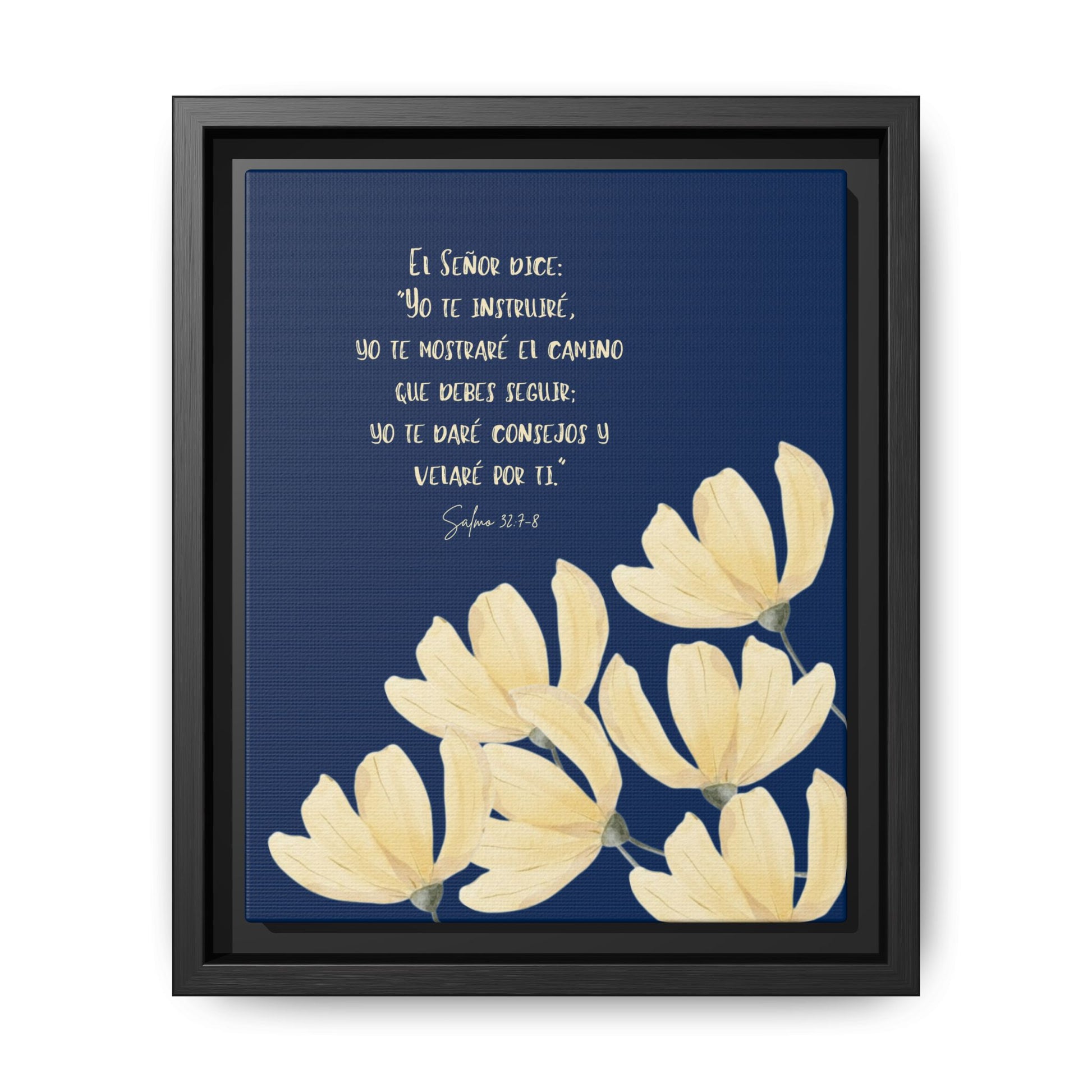 Christian wall art with Psalm 32:7-8 in Spanish, yellow flowers on blue background in black frame