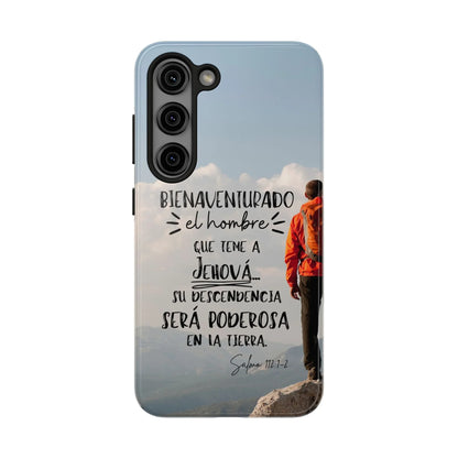 Christian phone case with Psalm 112:1-2 in Spanish, hiker on mountain background