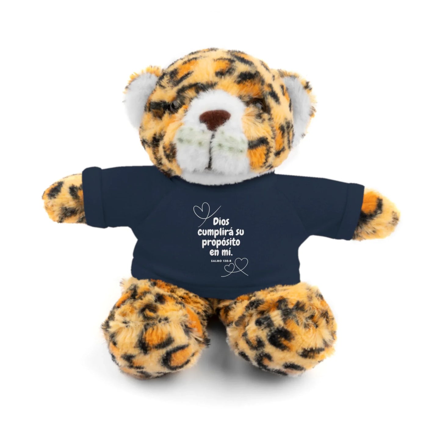 Leopard plush toy wearing navy shirt with Spanish Christian quote and heart design