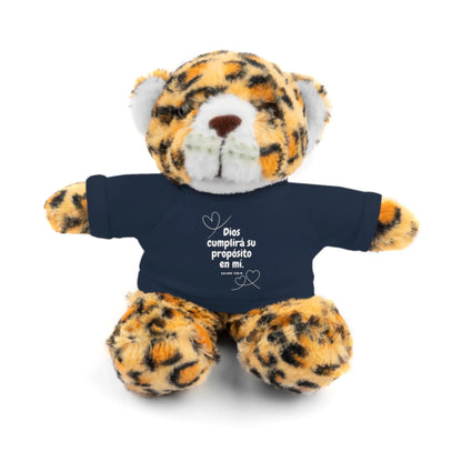 Leopard plush toy wearing navy shirt with Spanish Christian quote and heart design