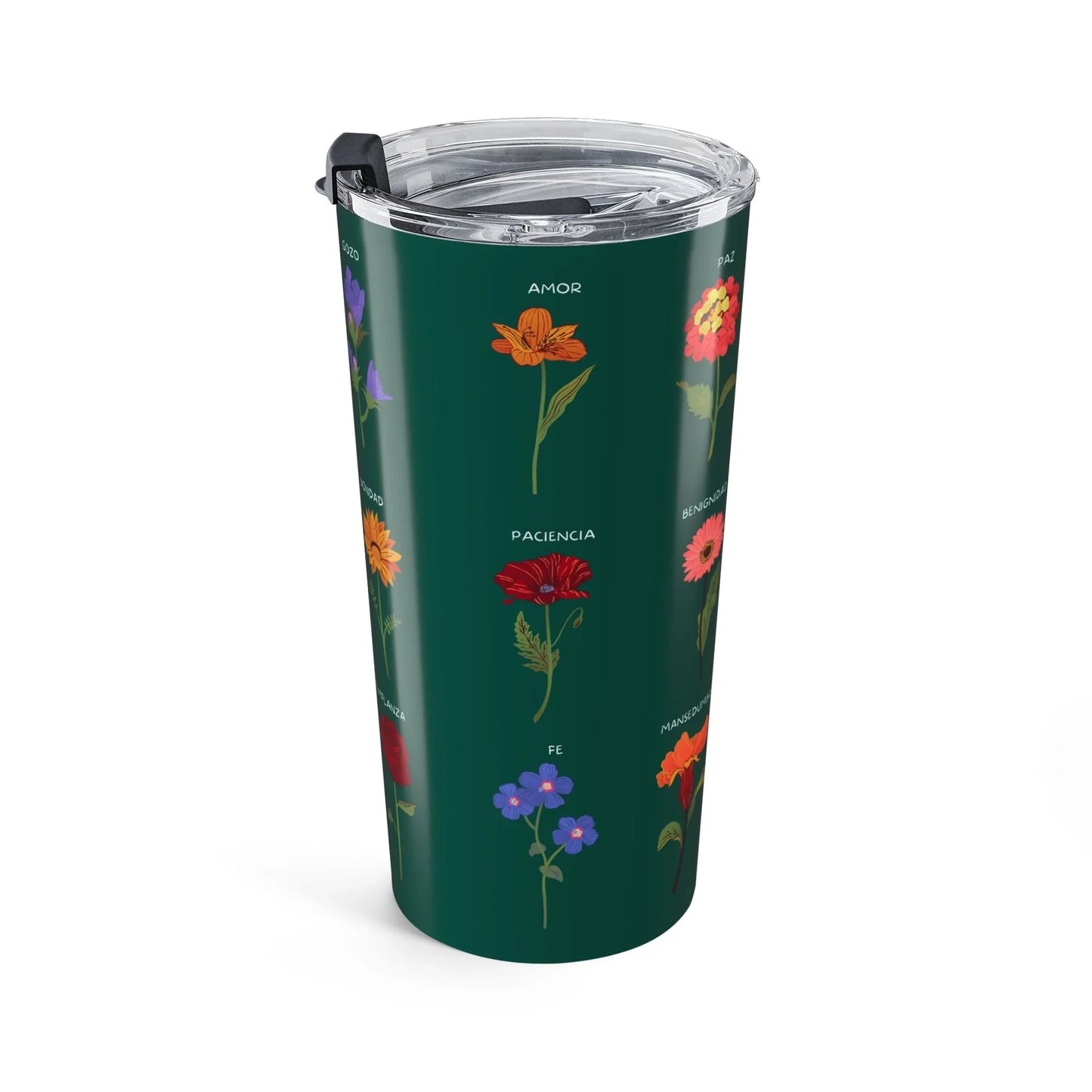 Christian travel tumbler with colorful flowers and Spanish words on dark green background