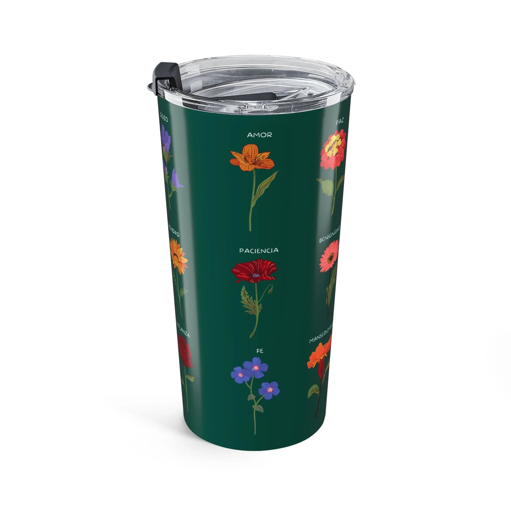 Christian travel tumbler with colorful flowers and Spanish words on dark green background