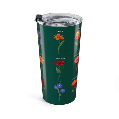 Christian travel tumbler with colorful flowers and Spanish words on dark green background