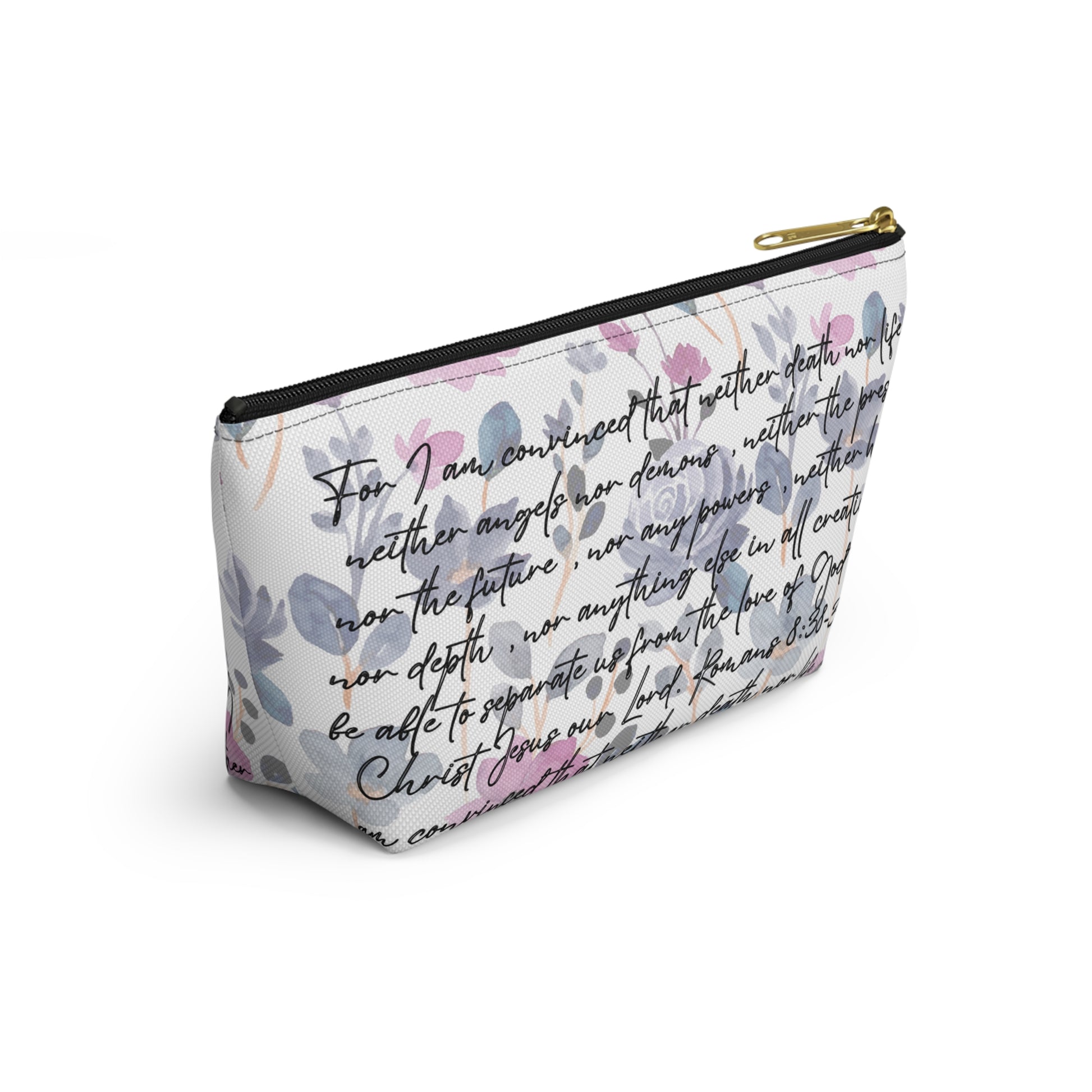 Floral Christian makeup pouch with handwritten Scripture verse and gold zipper