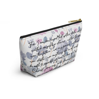 Floral Christian makeup pouch with handwritten Scripture verse and gold zipper