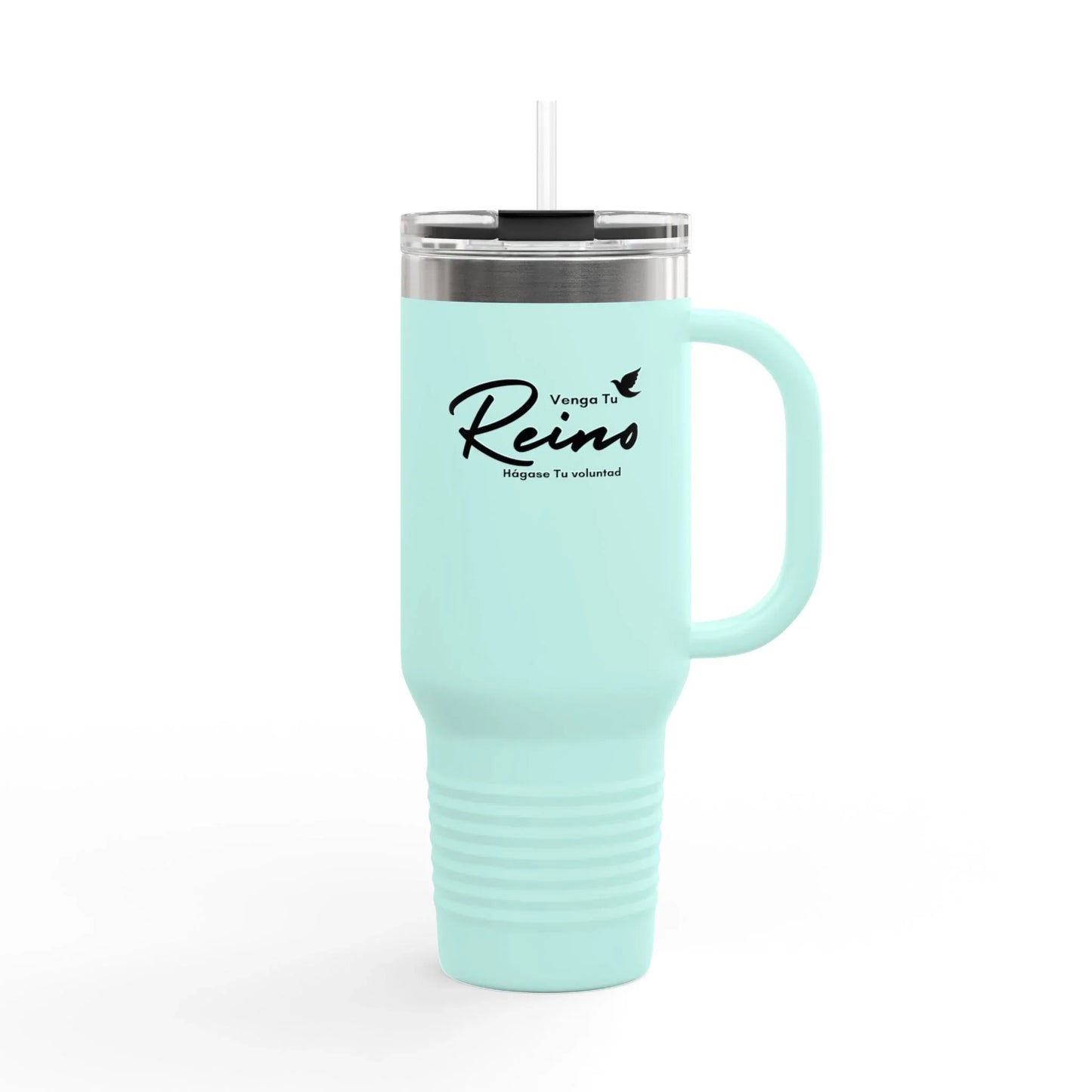 Light blue Christian travel mug with "Venga Tu Reino" Spanish faith quote and straw lid