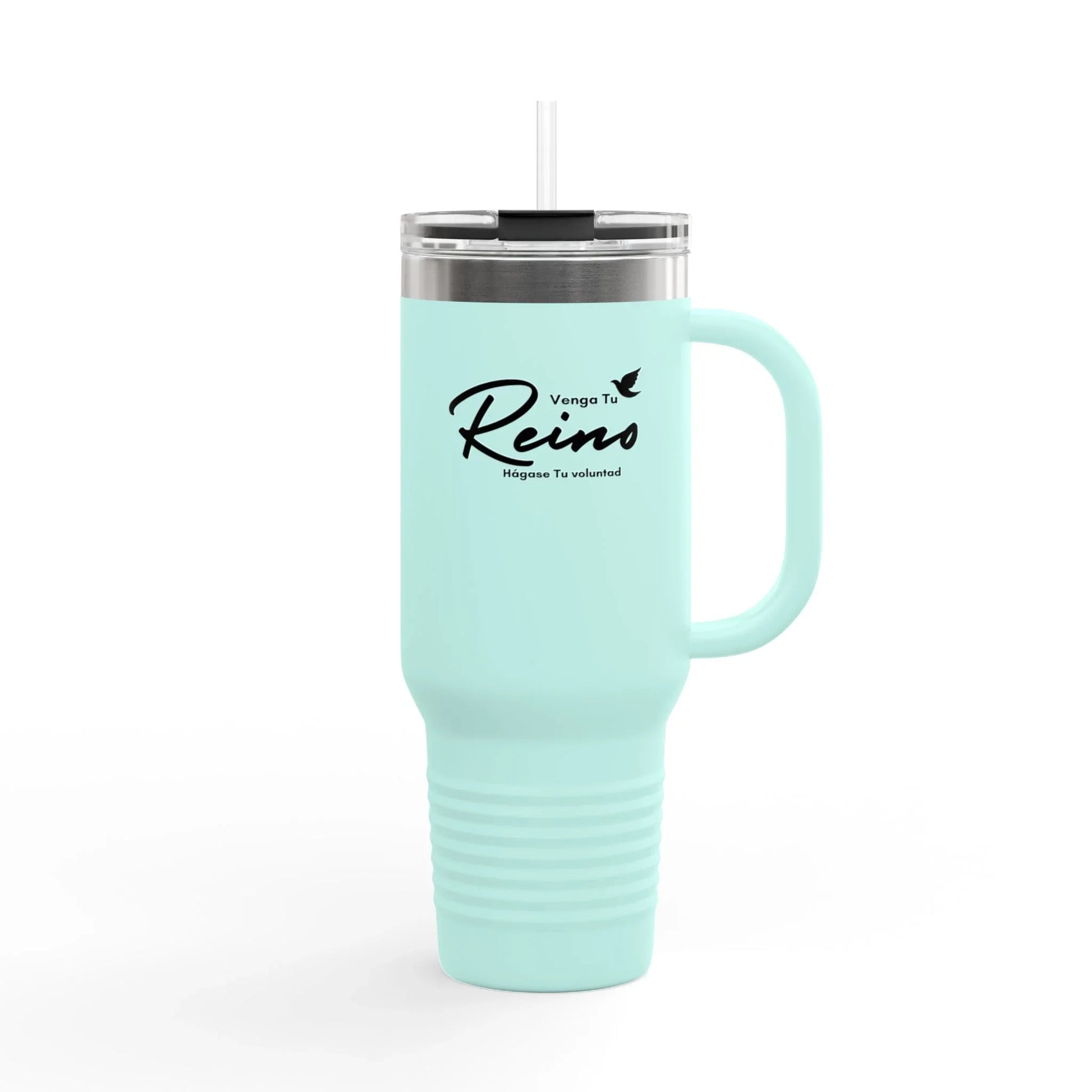 Light blue Christian travel mug with "Venga Tu Reino" Spanish faith quote and straw lid