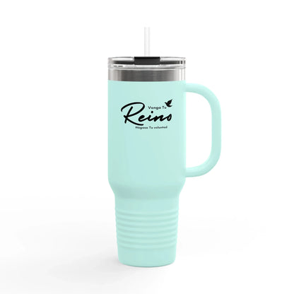 Light blue Christian travel mug with "Venga Tu Reino" Spanish faith quote and straw lid