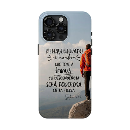 Christian phone case with Spanish Scripture, hiker on mountain, faith-inspired design