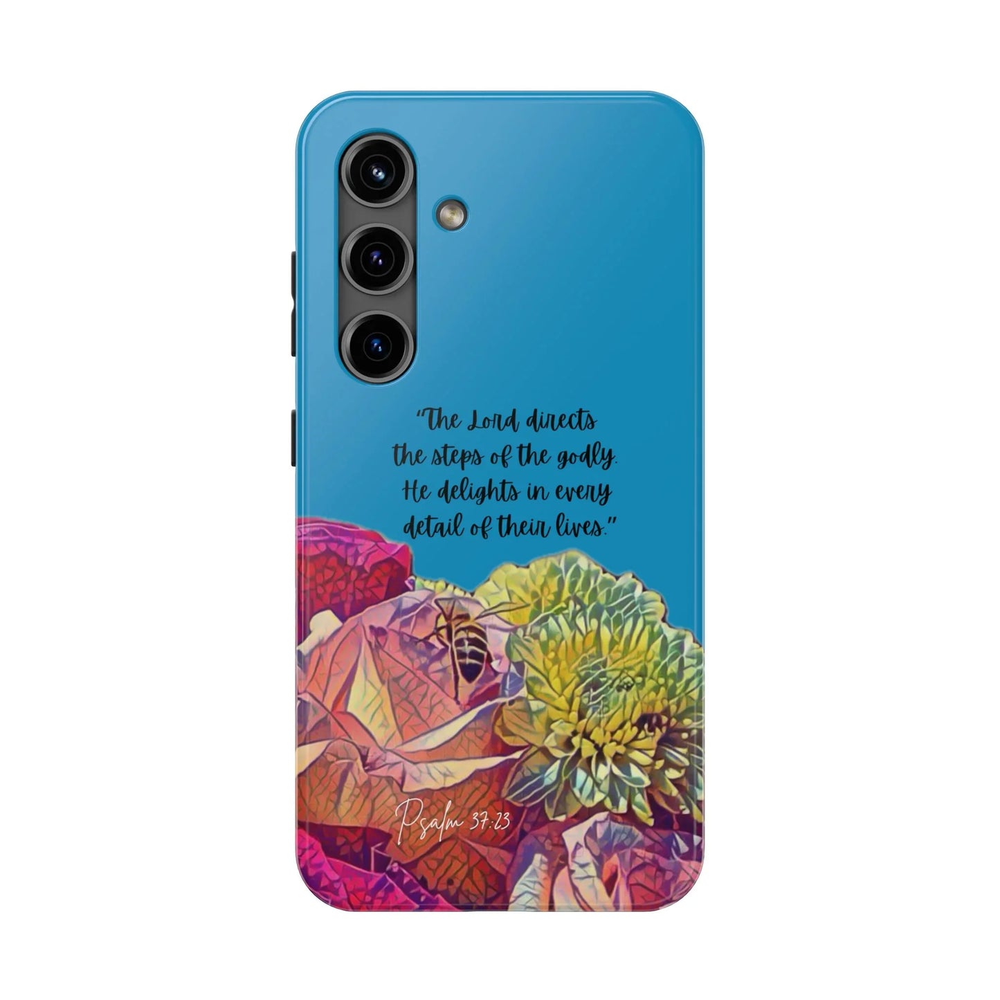Blue phone case with colorful floral design and inspirational Bible verse in English.