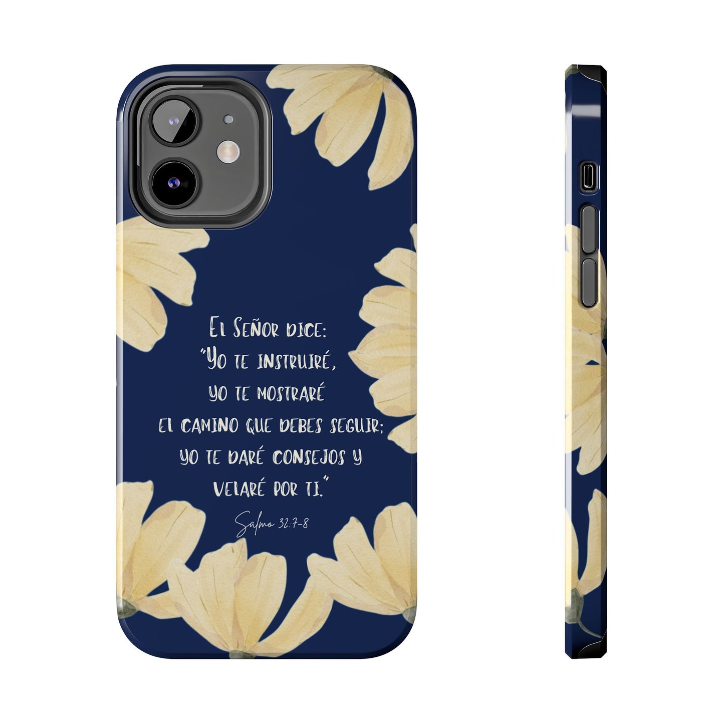 Christian phone case with Psalm 32:7-8 in Spanish, navy background, yellow floral design