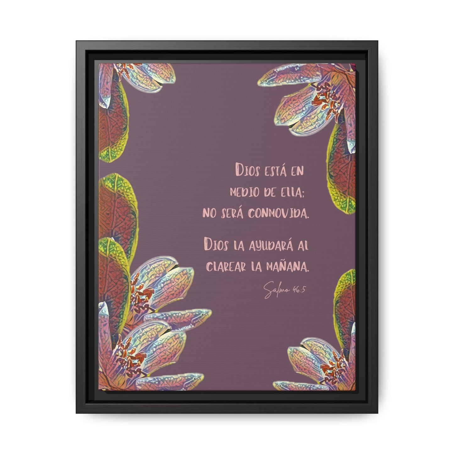 Framed Christian wall art with Psalm 46:5 in Spanish, colorful floral border, purple background