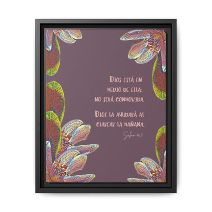 Framed Christian wall art with Psalm 46:5 in Spanish, colorful floral border, purple background