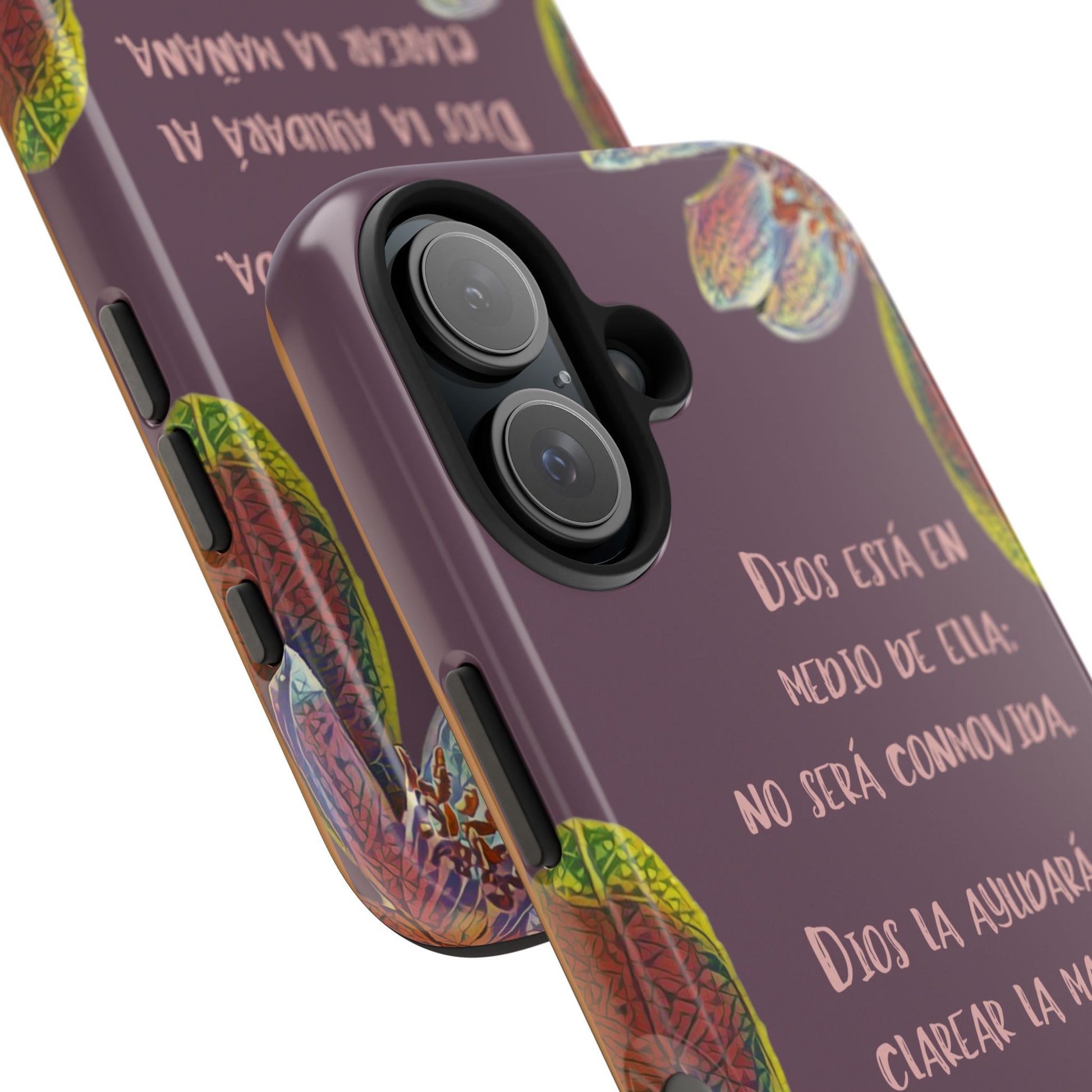 Purple Christian phone case with Spanish Bible verse and colorful floral accents
