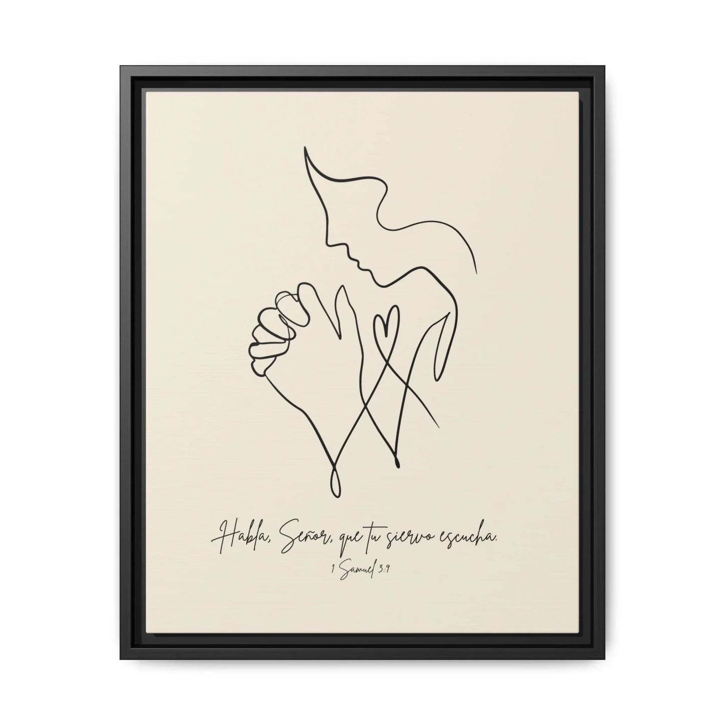 Minimalist Christian wall art with praying person, black frame, Spanish Bible verse 1 Samuel 3:9