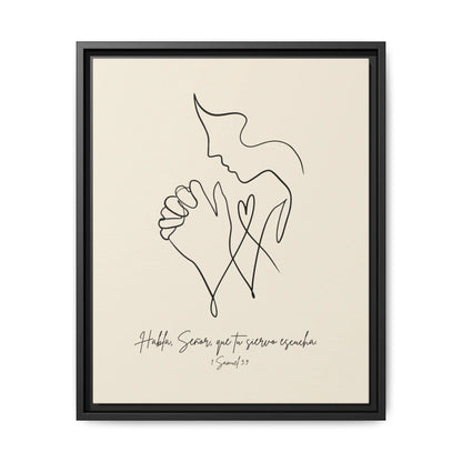 Minimalist Christian wall art with praying person, black frame, Spanish Bible verse 1 Samuel 3:9