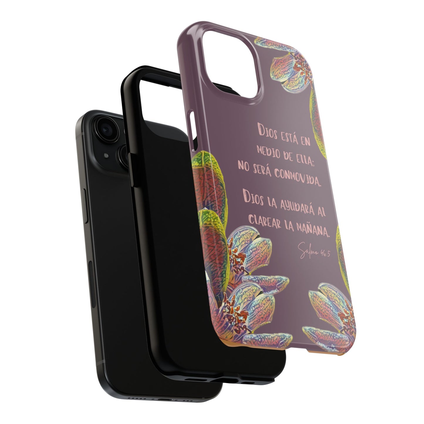 Christian phone case with floral design and Psalm 46:5 scripture in Spanish