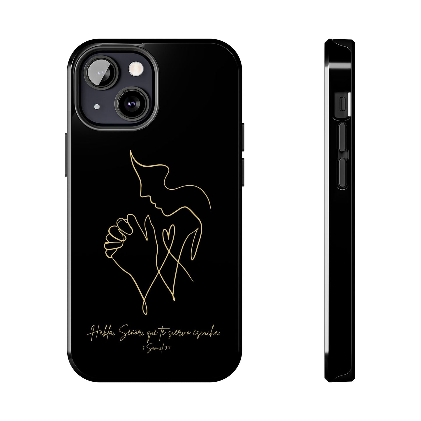 Black phone case with gold line art of praying hands, Christian scripture design, modern style