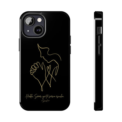 Black phone case with gold line art of praying hands, Christian scripture design, modern style