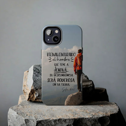 Christian phone case with Psalm 112:1-2 in Spanish, man on mountain, inspirational gift