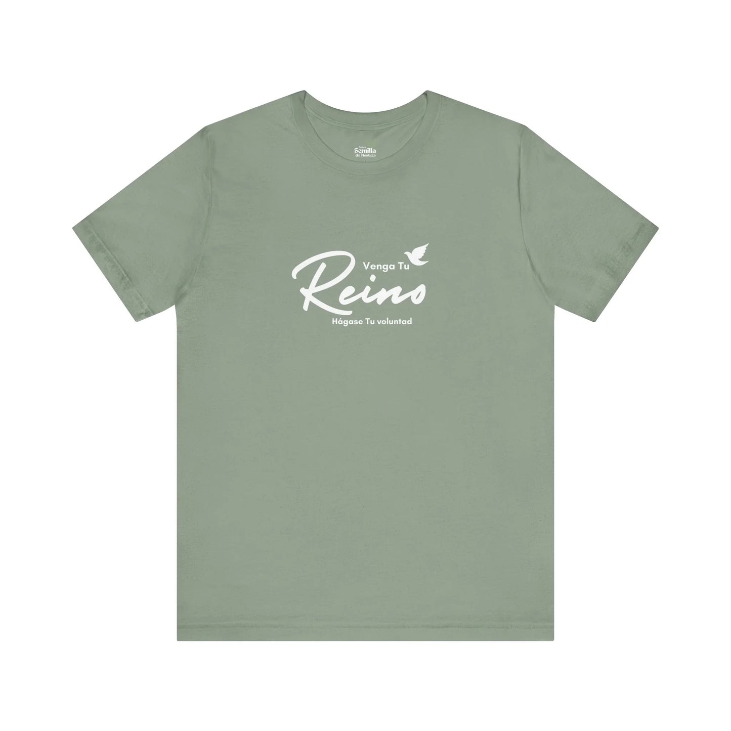 Sage green Christian t-shirt with Spanish script 'Venga Tu Reino, Hágase Tu voluntad' and dove graphic