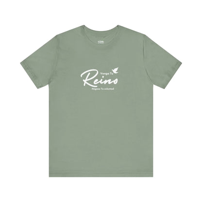 Sage green Christian t-shirt with Spanish script 'Venga Tu Reino, Hágase Tu voluntad' and dove graphic