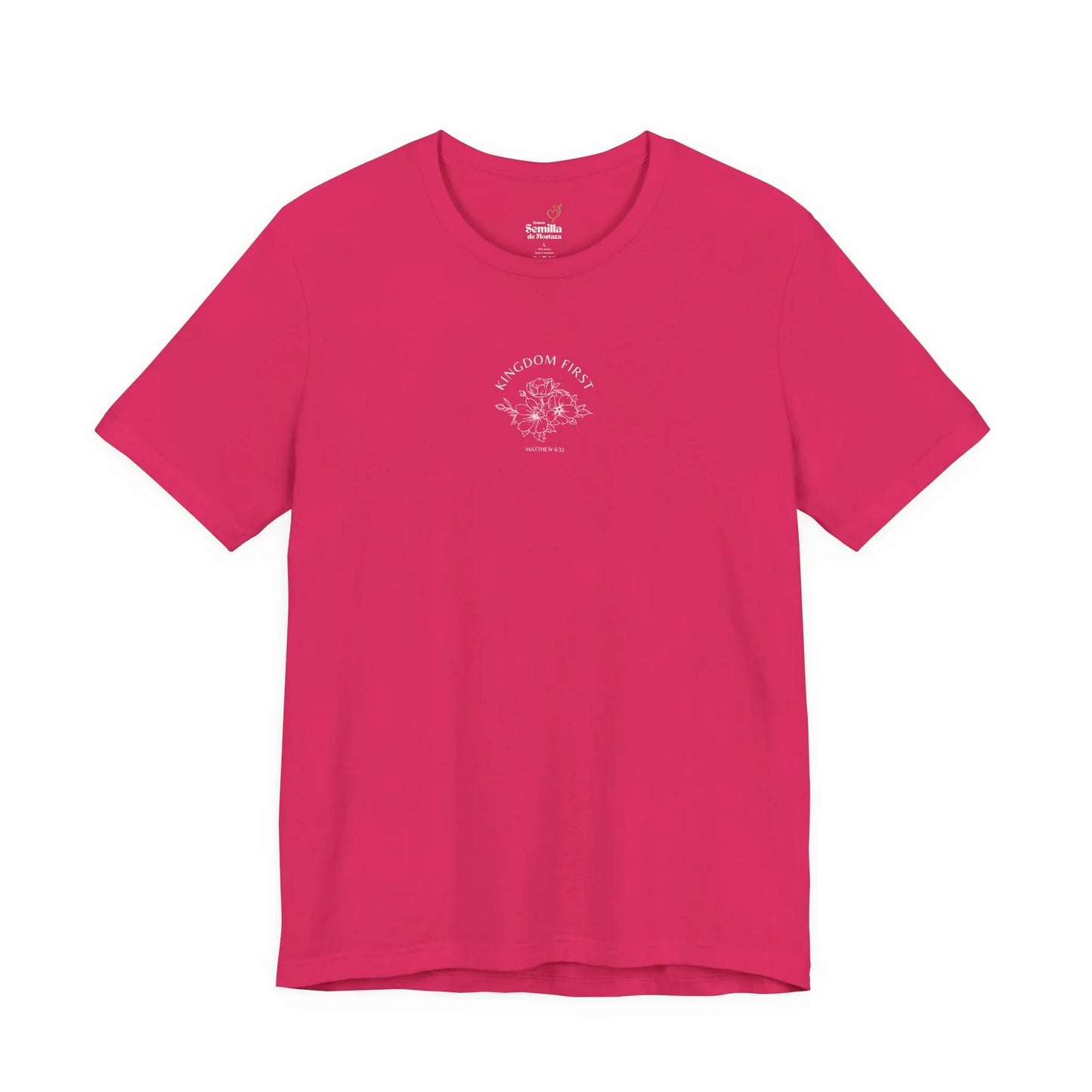 Fuchsia Christian t-shirt with 'Kingdom First' text, Matthew 6:33 verse and floral graphic