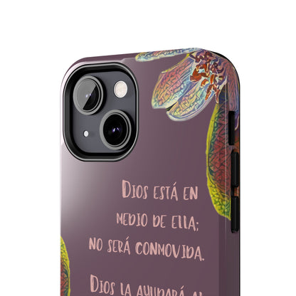 Christian phone case with Spanish Bible verse and colorful floral pattern