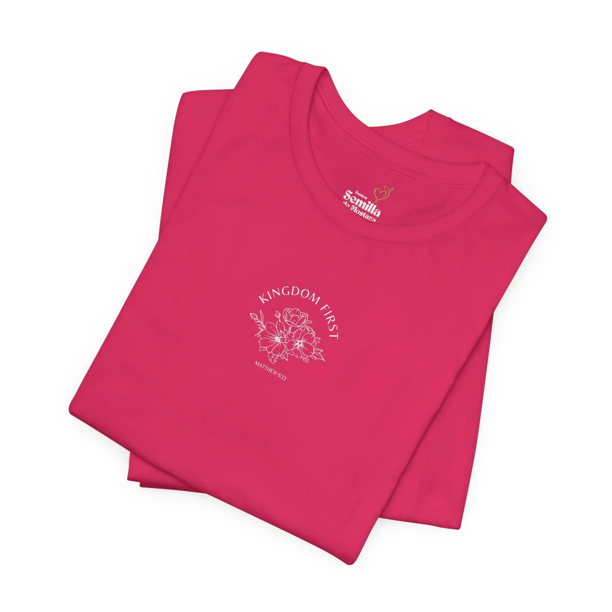 Hot pink Christian t-shirt with floral design and 'Kingdom First, Matthew 6:33' text.