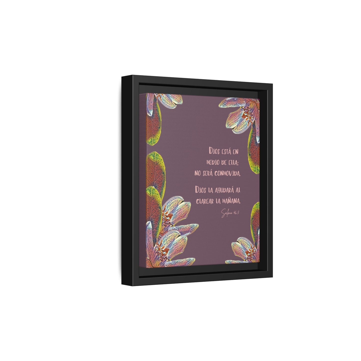 Framed Christian wall art with Spanish Bible verse, floral design on purple background