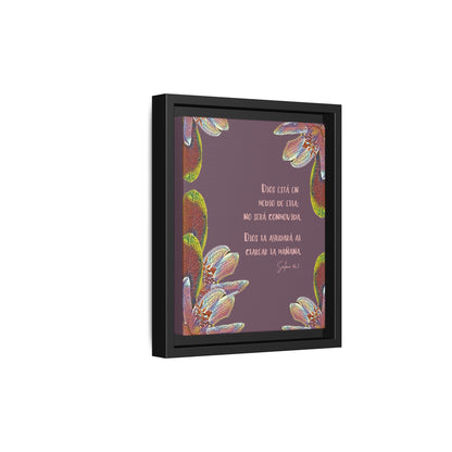 Framed Christian wall art with Spanish Bible verse, floral design on purple background