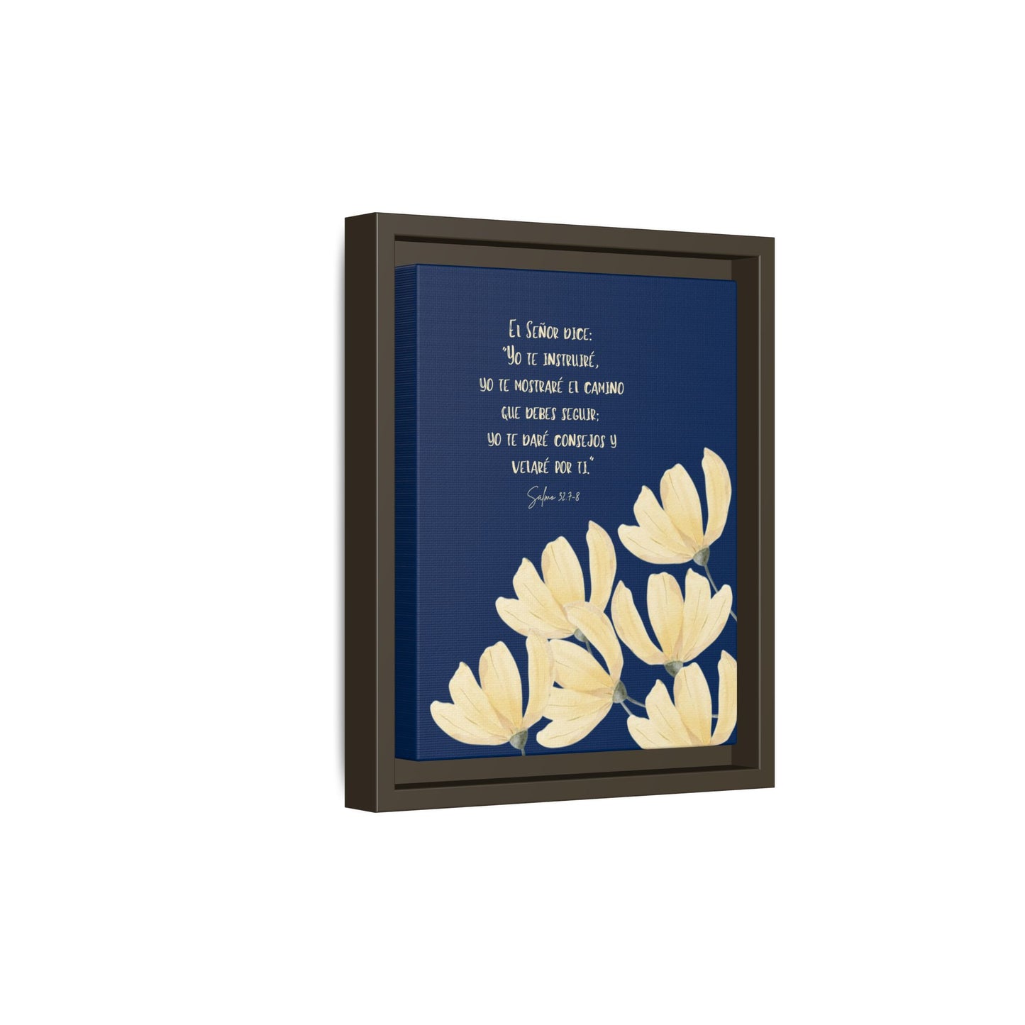 Framed Christian wall art with Spanish Scripture and yellow flowers on navy background