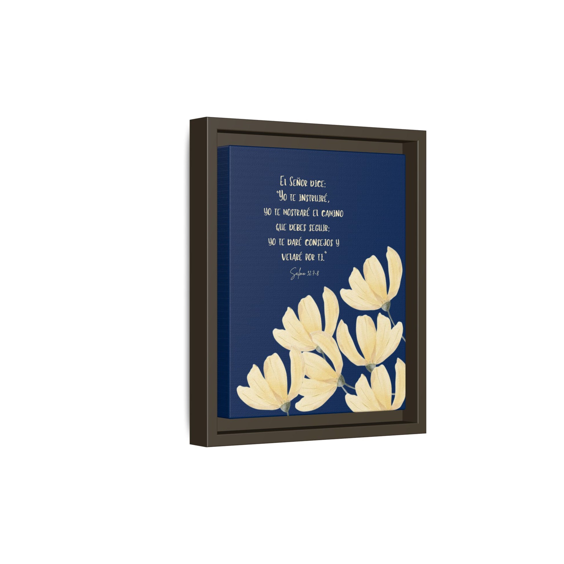 Framed Christian wall art with Spanish Scripture and yellow flowers on navy background