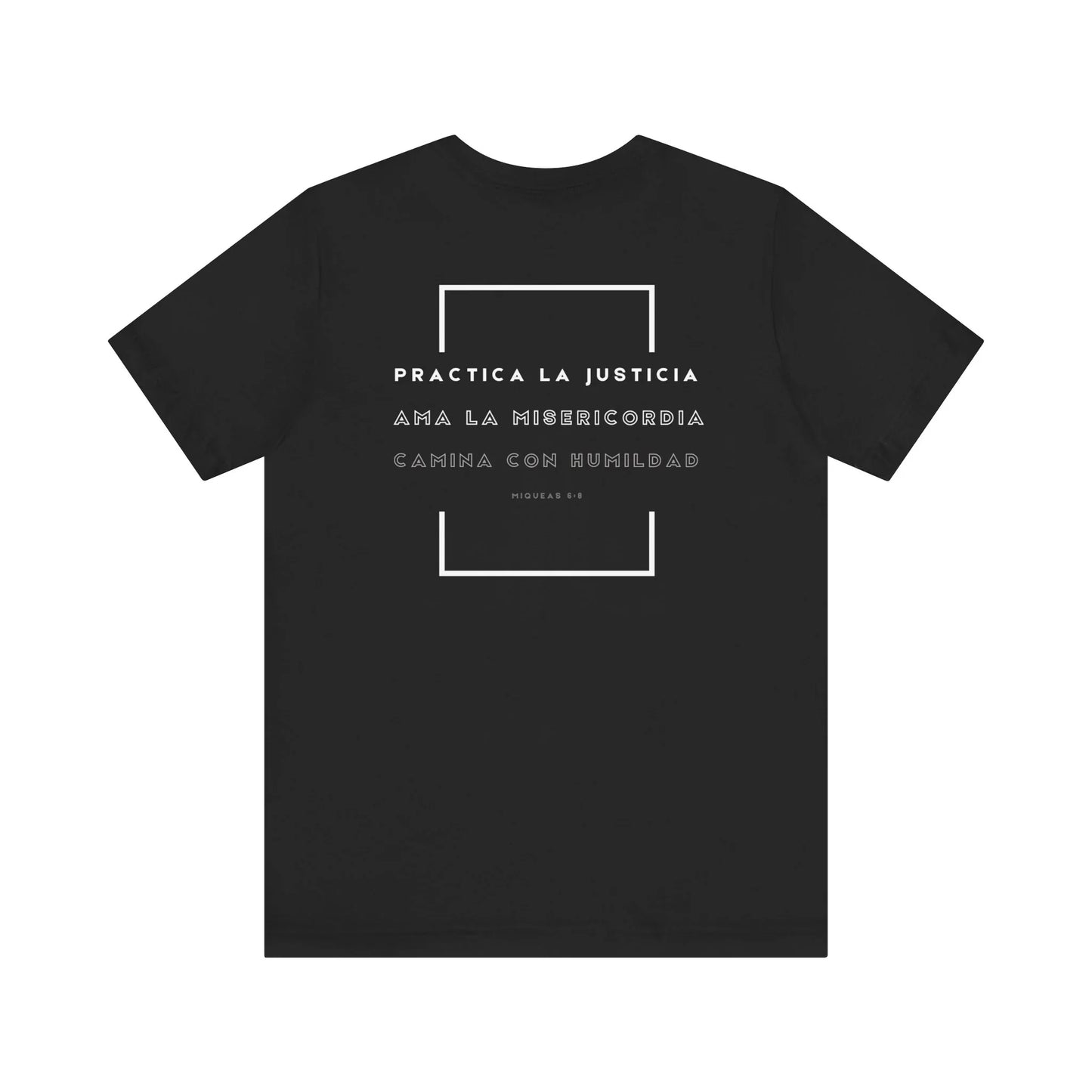Black Christian t-shirt with Spanish Bible verse, minimalist white text and geometric design