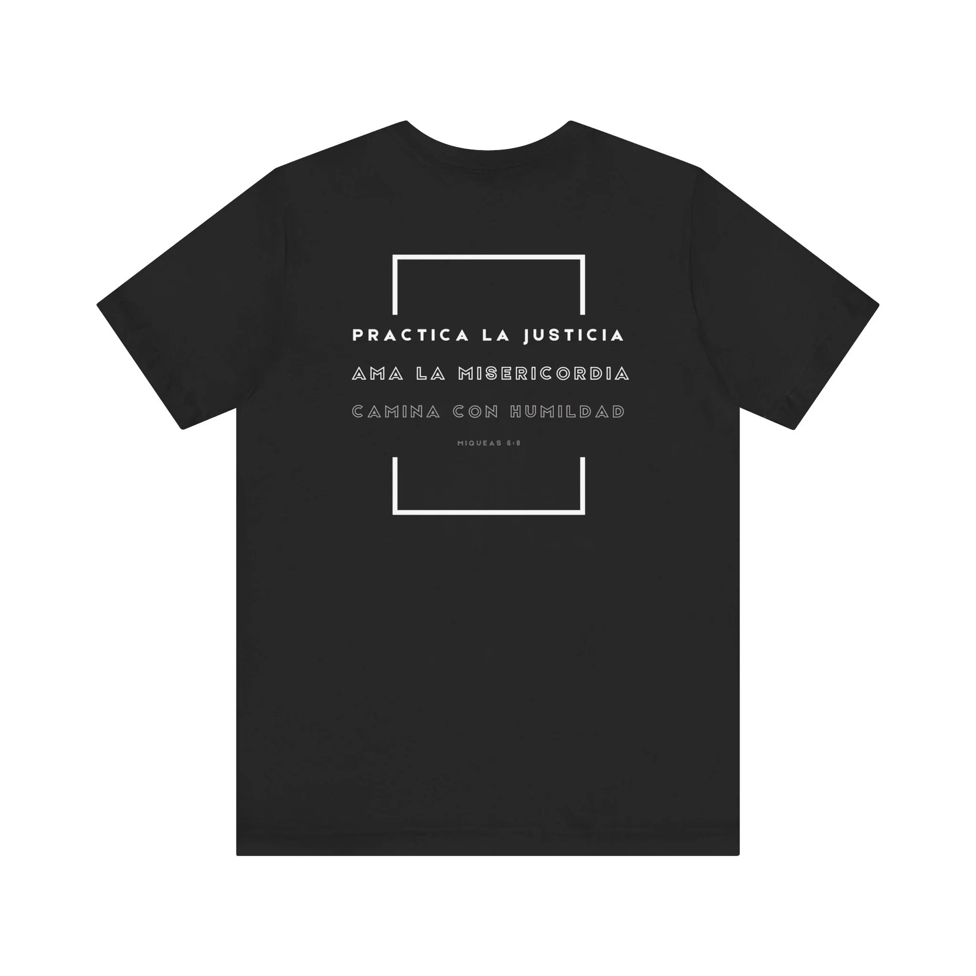 Black Christian t-shirt with Spanish Bible verse, minimalist white text and geometric design