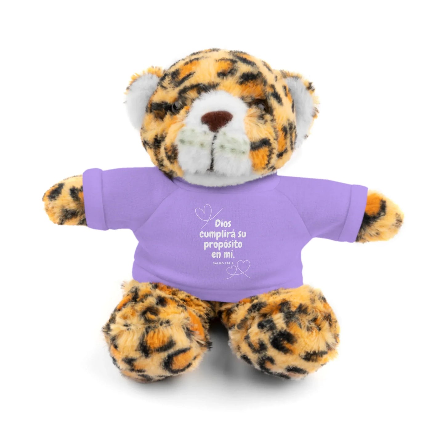 Plush leopard toy wearing purple shirt with Spanish Christian message and Psalm verse
