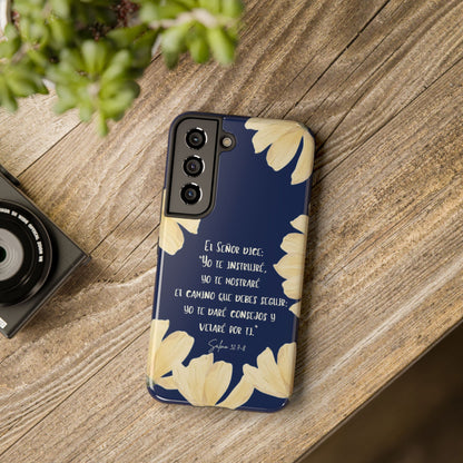 Christian phone case with floral design and Spanish Bible verse on wooden table