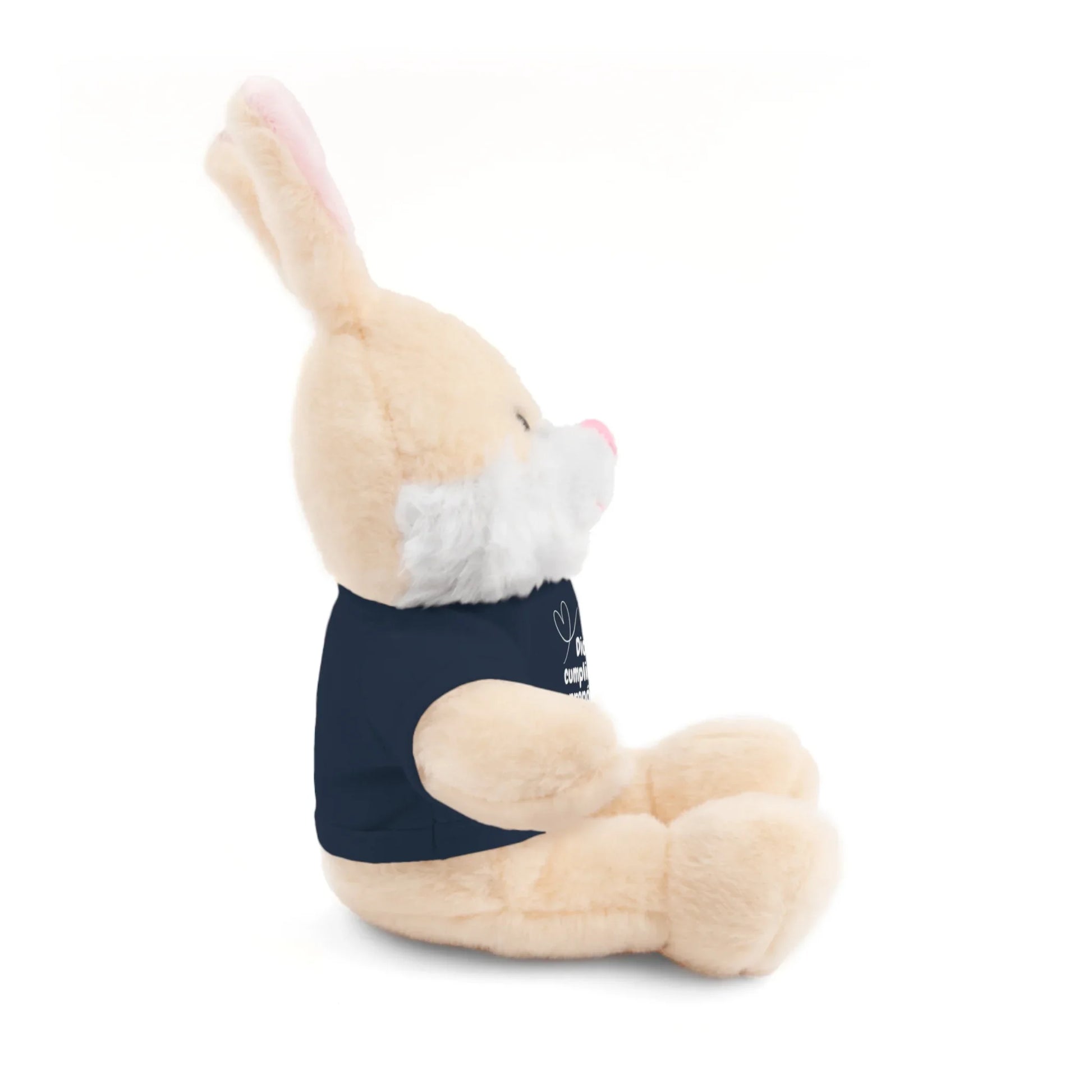 Plush bunny wearing a navy blue Christian shirt, inspirational gift, side view