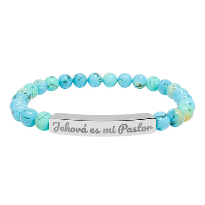 Blue beaded Christian bracelet with silver plate engraved Jehovah es mi Pastor