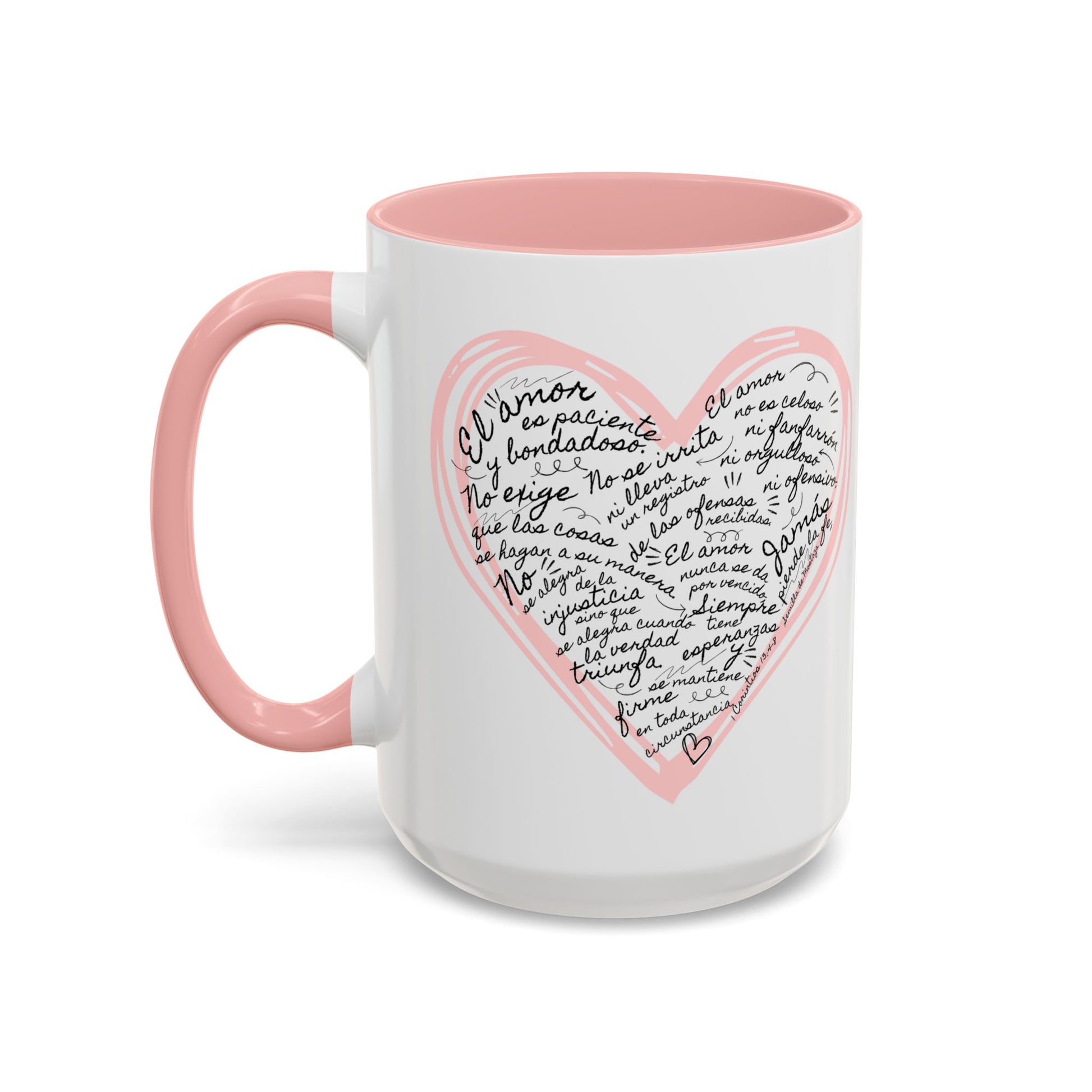 Taza Cristiana con Corazon Rosa - 1 Corintios 13:4-7 - Christian Mug with Bible Verse - Ceramic Accent Mug 11oz / 15oz BPA-Free - Somos Semilla De Mostaza