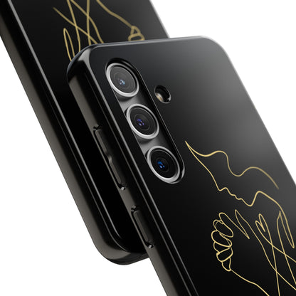 Black phone case with gold line art praying hands and faith-inspired design