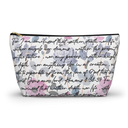 Floral Christian pouch with Romans 8:38-39 Bible verse in script, watercolor design