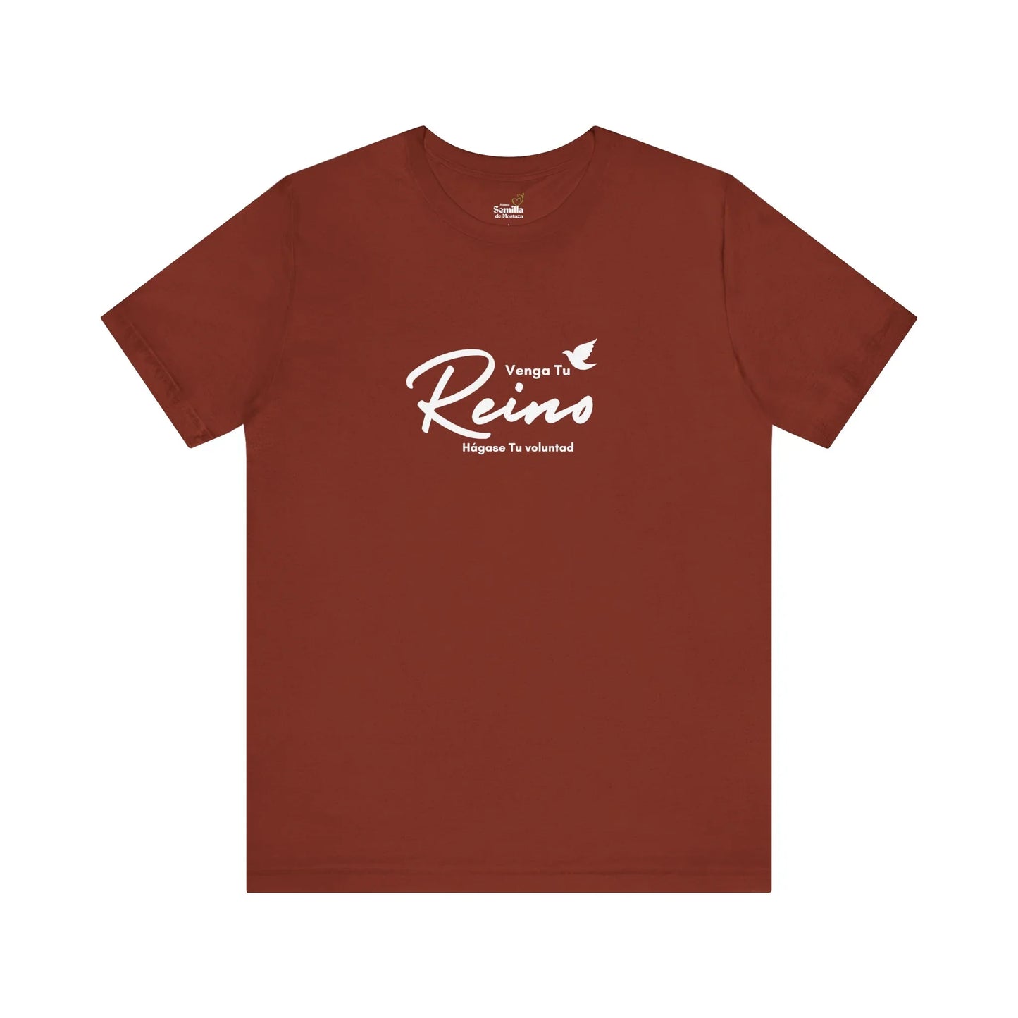 Rust-colored Christian t-shirt with Spanish text Venga Tu Reino and a dove graphic