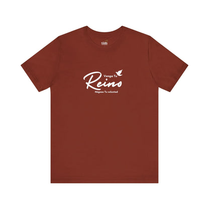 Rust-colored Christian t-shirt with Spanish text Venga Tu Reino and a dove graphic