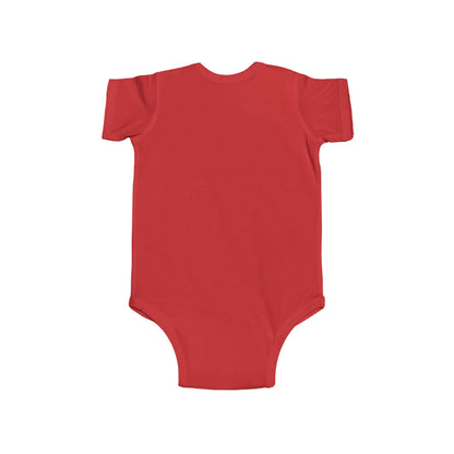 Solid red short sleeve baby bodysuit, back view, isolated on white background